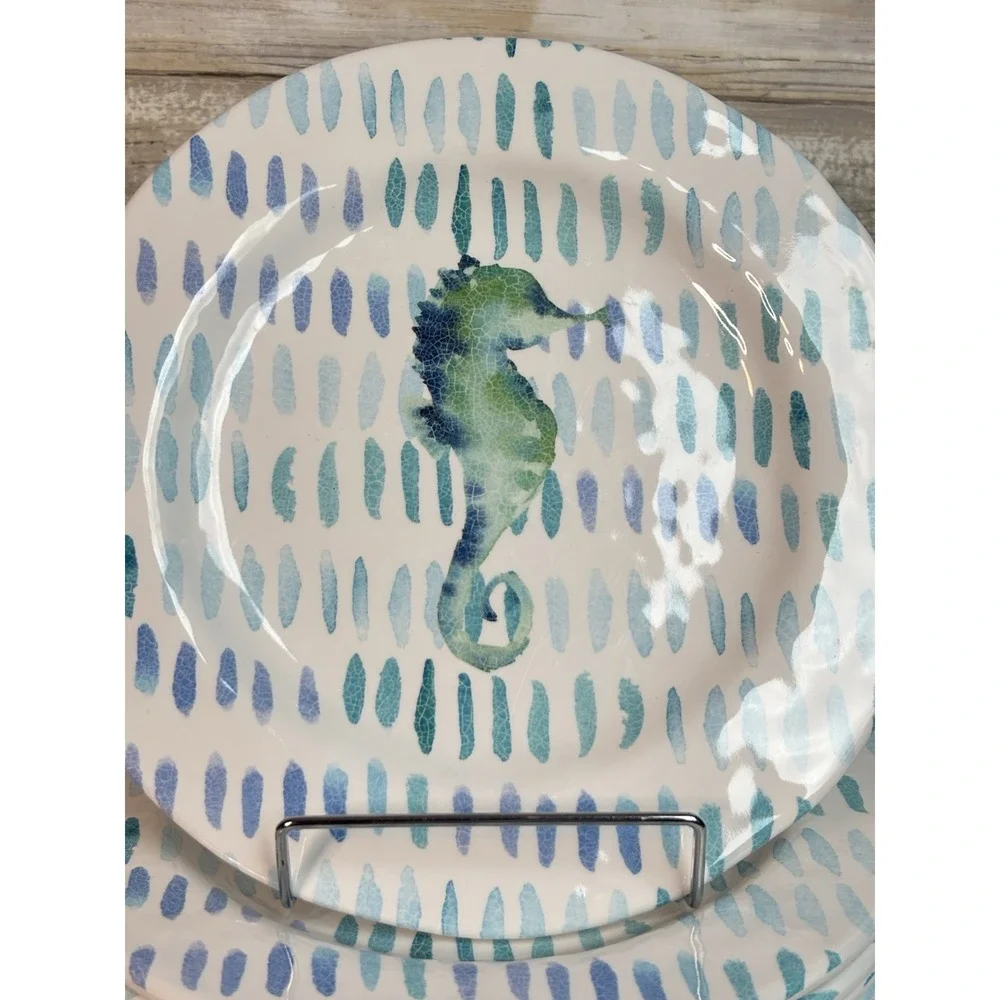 10 Pc Coastal Nautical Melamine Plate Set Seahorse Theme by tag Living